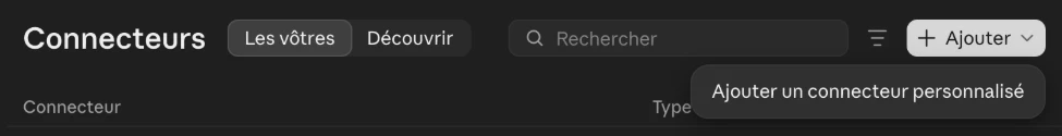 Réglages de Claude, page Connecteurs : menu Ajouter ouvert sur « Ajouter un connecteur personnalisé »